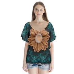 Beautiful Paradise Chrysanthemum Of Orange And Aqua V-neck Flutter Sleeve Top by jayaprime