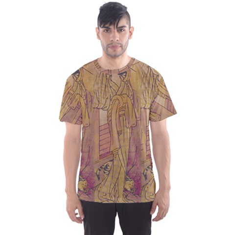 Japanese Geisha With Cat Illustration Men s Sports Mesh Tee by paulaoliveiradesign