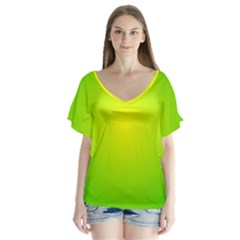 Pattern V-neck Flutter Sleeve Top by gasi