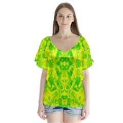 Pattern V-neck Flutter Sleeve Top by gasi