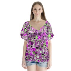Pattern V-neck Flutter Sleeve Top by gasi