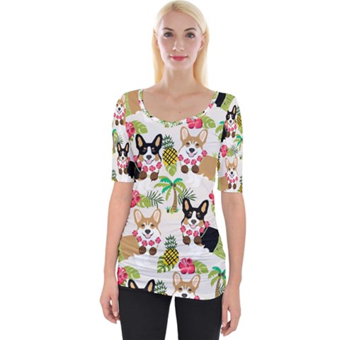 Hula Corgis Fabric Wide Neckline Tee by Celenk