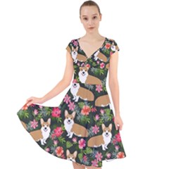 Welsh Corgi Hawaiian Pattern Florals Tropical Summer Dog Cap Sleeve Front Wrap Midi Dress by Celenk