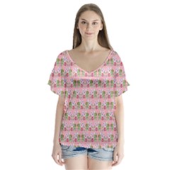 Floral Pattern V-neck Flutter Sleeve Top by SuperPatterns