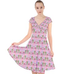 Floral Pattern Cap Sleeve Front Wrap Midi Dress by SuperPatterns
