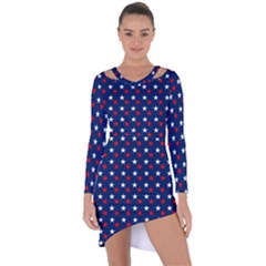 Patriotic Red White Blue Stars Blue Background Asymmetric Cut-out Shift Dress by Celenk