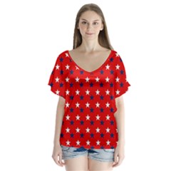Patriotic Red White Blue Usa V-neck Flutter Sleeve Top by Celenk