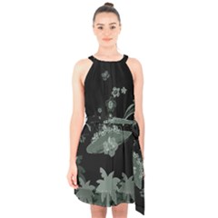 Surfboard With Dolphin, Flowers, Palm And Turtle Halter Collar Waist Tie Chiffon Dress by FantasyWorld7