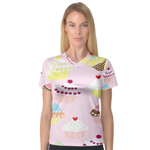 Cupcakes Wallpaper Paper Background V-neck Sport Mesh Tee by Celenk