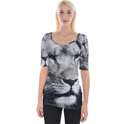 Africa Lion Male Closeup Macro Wide Neckline Tee by BangZart