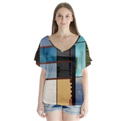 Glass Facade Colorful Architecture V-neck Flutter Sleeve Top by BangZart