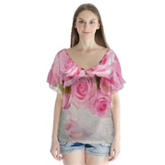 Pink Roses V-neck Flutter Sleeve Top by NouveauDesign