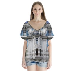 Squad Latvia Architecture V-neck Flutter Sleeve Top by Celenk