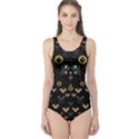 Merry Black Cat In The Night And A Mouse Involved Pop Art One Piece Swimsuit View1