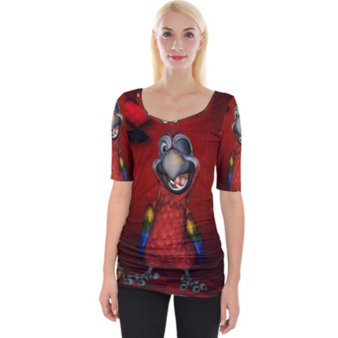Funny, Cute Parrot With Butterflies Wide Neckline Tee by FantasyWorld7
