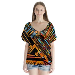 City Scape V-neck Flutter Sleeve Top by NouveauDesign