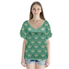 Teal,beige,art Nouveau,vintage,original,belle Époque,fan Pattern,geometric,elegant,chic V-neck Flutter Sleeve Top by NouveauDesign