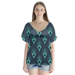 Blue,teal,peacock Pattern,art Deco V-neck Flutter Sleeve Top by NouveauDesign
