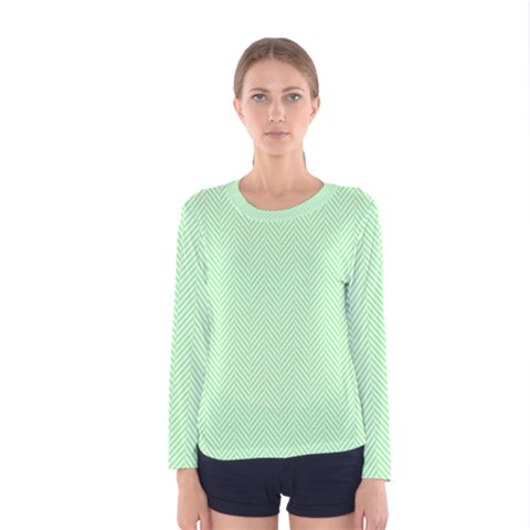    Classic Mint Green & White Herringbone Pattern Women s Long Sleeve Tee by PodArtist