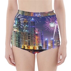 Dubai City At Night Christmas Holidays Fireworks In The Sky Skyscrapers United Arab Emirates High-waisted Bikini Bottoms by Sapixe