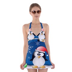Happy Holidays Christmas Card With Penguin Halter Dress Swimsuit  by Sapixe
