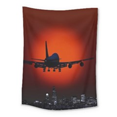 Red Sun Jet Flying Over The City Art Medium Tapestry by Sapixe