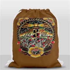 Tattoo Art Print Traditional Artwork Lighthouse Wave Drawstring Bag (small) by Sapixe
