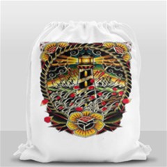 Tattoo Art Print Traditional Artwork Lighthouse Wave Drawstring Bag (small) by Sapixe