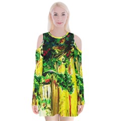 Old Tree And House With An Arch 2 Velvet Long Sleeve Shoulder Cutout Dress by bestdesignintheworld