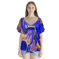 Blue Gold Marbled V-neck Flutter Sleeve Top by NouveauDesign