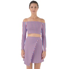 Usa Flag Red And Flag Blue Narrow Thin Stripes  Off Shoulder Top With Skirt Set by PodArtist