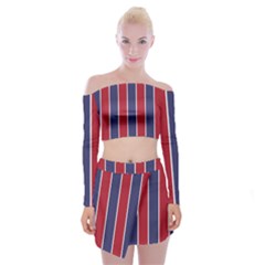 Large Red White And Blue Usa Memorial Day Holiday Vertical Cabana Stripes Off Shoulder Top With Mini Skirt Set by PodArtist
