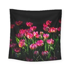 Pink Tulips Dark Background Square Tapestry (small) by FunnyCow