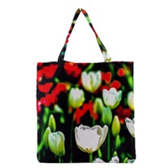 White And Red Sunlit Tulips Grocery Tote Bag by FunnyCow
