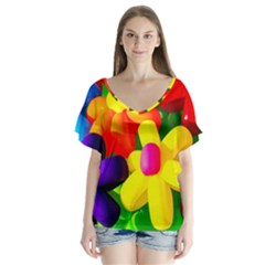 Toy Balloon Flowers V-neck Flutter Sleeve Top by FunnyCow
