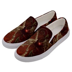 Awesome T Rex Skeleton, Vintage Background Men s Canvas Slip Ons by FantasyWorld7