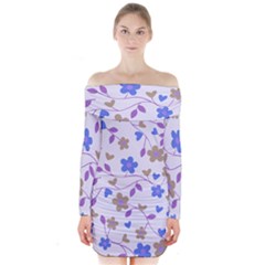 Blue Vintage Flowers Long Sleeve Off Shoulder Dress by snowwhitegirl