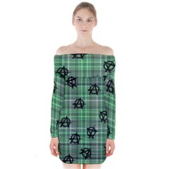 Green  Plaid Anarchy Long Sleeve Off Shoulder Dress by snowwhitegirl