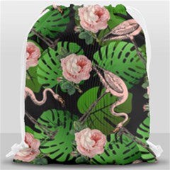 Flamingo Floral Black Drawstring Bag (large) by snowwhitegirl