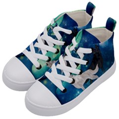 Awesome Black And White Wolf In The Universe Kid s Mid-top Canvas Sneakers by FantasyWorld7