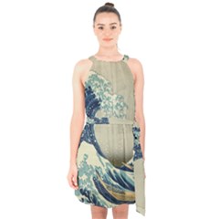 The Classic Japanese Great Wave Off Kanagawa By Hokusai Halter Collar Waist Tie Chiffon Dress by PodArtist