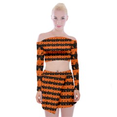 Orange And Black Spooky Halloween Nightmare Stripes Off Shoulder Top With Mini Skirt Set by PodArtist