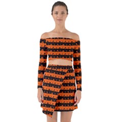 Orange And Black Spooky Halloween Nightmare Stripes Off Shoulder Top With Skirt Set by PodArtist