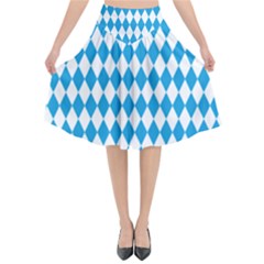 Oktoberfest Bavarian Blue And White Large Diagonal Diamond Pattern Flared Midi Skirt by PodArtist