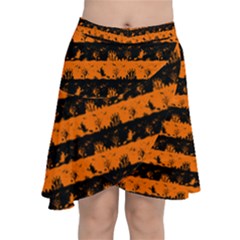 Dark Pumpkin Orange And Black Halloween Nightmare Stripes  Chiffon Wrap Front Skirt by PodArtist