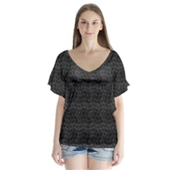 Wavy Grid Dark Pattern V-neck Flutter Sleeve Top by dflcprints