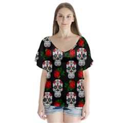 Skull Pattern Black V-neck Flutter Sleeve Top by snowwhitegirl