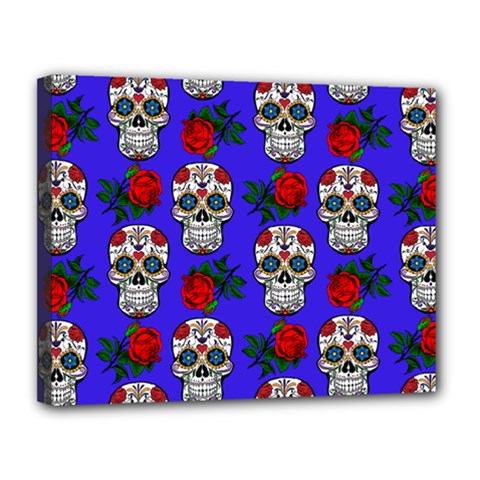 Skull Pattern Blue Canvas 14  X 11  (stretched) by snowwhitegirl