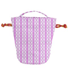 Circles Lines Light Pink White Pattern Drawstring Bucket Bag by BrightVibesDesign