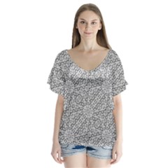 Geometric Grey Print Pattern V-neck Flutter Sleeve Top by dflcprints